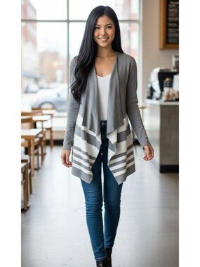 Evolution By Cyrus Gray & White Striped Open Front Cardigan Sweater Womens S
